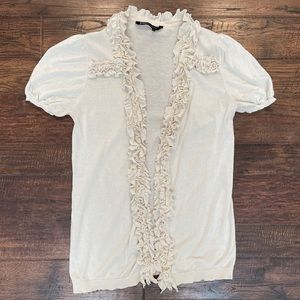 BCBGMaxAzria white ruffle front cardigan Sz S BCBG Max Azria exaggerated ruffle